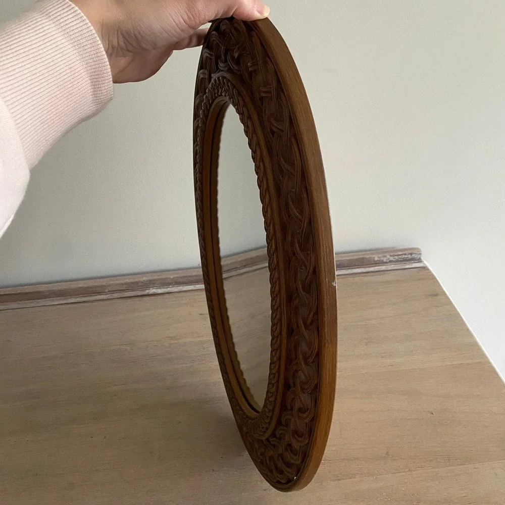 Vintage Homco Dart Burwood Faux Wood Rattan MCM Oval Mirror